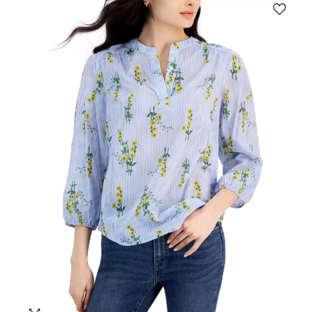 Nautica Jeans Blue White Striped Yellow Floral Popover 3/4 Sleeve Blouse Top XL